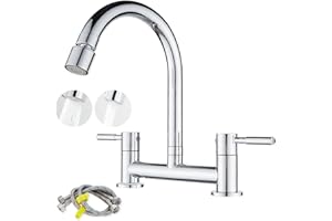Ankoory Bridge Kitchen Sink Mixer Tap, Kitchen Bridge Mixer, 2 Hole Faucet Deck Mounted (180mm Centres), Dual Levers Kitchen Taps with 2 Function Aerator, 1/4 Turn, 360° Swivel Spout, Brass, Chrome