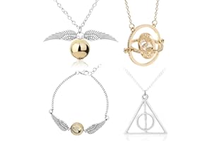 HJYZY 4 Stück Drehender Zeitumkehrer Anhänger Halskette Golden Snitch Halskette Armbänder Die Heiligtümer des Todes Halskette für Fans Geschenke Sammlung