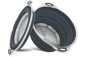 CAMOLO Nudelsieb Edelstahl und Silikon Sieb Küchensieb Faltbar Abtropfsieb Hitzebeständig und Platzsparend Grau