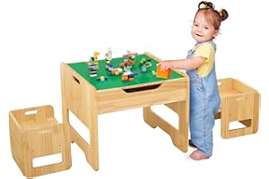 FUNLIO 2-in-1 Holz-Aktivitätstisch & 2 Stühle für Kinder ab 3 Jahren, höhenverstellbarer Spieltisch mit 450 Bausteinen und großem Stauraum, Kindertische und Stühle für Spielen/Lernen, CPC zertifiziert