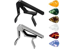 Fyfjur Capotasto per Chitarra, 8 x 8.3 cm Capotasto Chitarra con 6 Plettri, Aapotasto Chitarra Classica, Capotasto Chitarra Acustica, per Chitarre Elettriche, Classiche ed Acustiche (Argento, Nero)