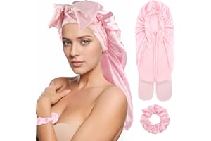 Abeillo Long Satin Bonnet for Women, Large Silk Sleep Cap With Tie Band and Scrunchies for Long Curly Hair, Braids (Pink)
