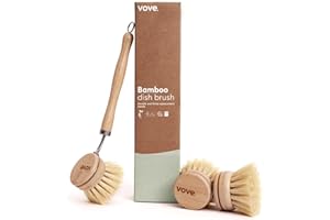 Vove | Bamboo Dish Brush | Long Lasting Brush with 3 Replacement Heads | Natural Bristle | Eco-Friendly | Wooden Dish Brush for Washing and Cleaning Pot Pan Dish Bowl