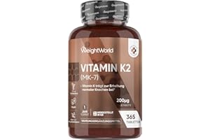 ‎WEIGHTWORLD Vitamin K2 MK7 - Als Menachinon - 365 vegane Tabletten - 200µg je Tagedosis - Vitamin K trägt zur Erhaltung normaler Knochen bei (EFSA) - 1 Jahr Vorrat - K2 Vitamin von WeightWorld