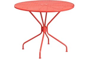 Flash Furniture Oia-Mesa Redonda de Acero para Interiores y Exteriores de 35.2 Pulgadas con Agujero para sombrilla, Metal, Coral, 35.25" Round