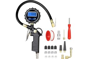 URAQT Manomètre Pression Pneu, 220 PSI Professionnel Gonfleur de Pneu Numérique avec 20 Accessoires, Multifonction 3 en 1 Numérique Manomètre Pression Pneus avec Ecran LCD pour Voiture Camion SUV Moto