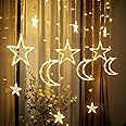 Fairy String LED Lights, Stars and Moon Window Curtain Lights Battery Powered, 3.5m/11.5ft 138 LED Indoor Outdoor Ramadan Christmas Festival Party Garden Home Birthday Decoration Light, Warm White