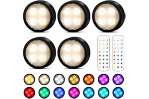 Onumii LED Sans Fil Lampe de placard, Adhesive Spot LED à Pile avec Telecommande Couleur rgb Lumiere pour Armoire (Lot de 5 Noir)