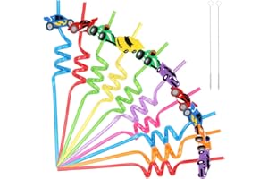 MELEAGER Pajitas para niños, 10 unidades, reutilizables, coche de carreras con cepillo de paja, pajitas de cumpleaños infantiles, pajitas de plástico coloridas como accesorios de fiesta para cumpleaños