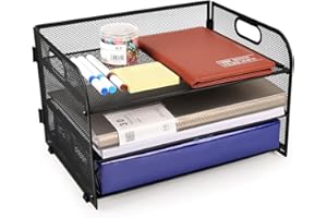 NIHESIM A4 Paper Tray - 3 Tier Black Mesh Desk Organizer, Stackable Letter Filing Tray, Landscape Document Holder for Office Stationery and Printer Paper Storage