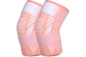 YELOUMISS Genouillère Sport pour femmes et hommes 1 Paire Attelle Genou Bandage Élastique Réglable Genouillère de Compression pour les lésions ligamentaires, Déchirure du Ménisque, Arthrose (rose, M)
