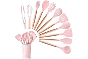 VBOK IGFE JUYILSU Set di 12 utensili da cucina in silicone, antiaderenti, resistenti al calore, con manico in legno, colore: rosa