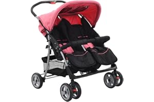 vidaXL Cochecito para Gemelos de Acero Rosa y Negro Accesorios Bebés Mellizos Ajustable Transporte Ligero Versátil Compacto Práctico Cómodo Plegable