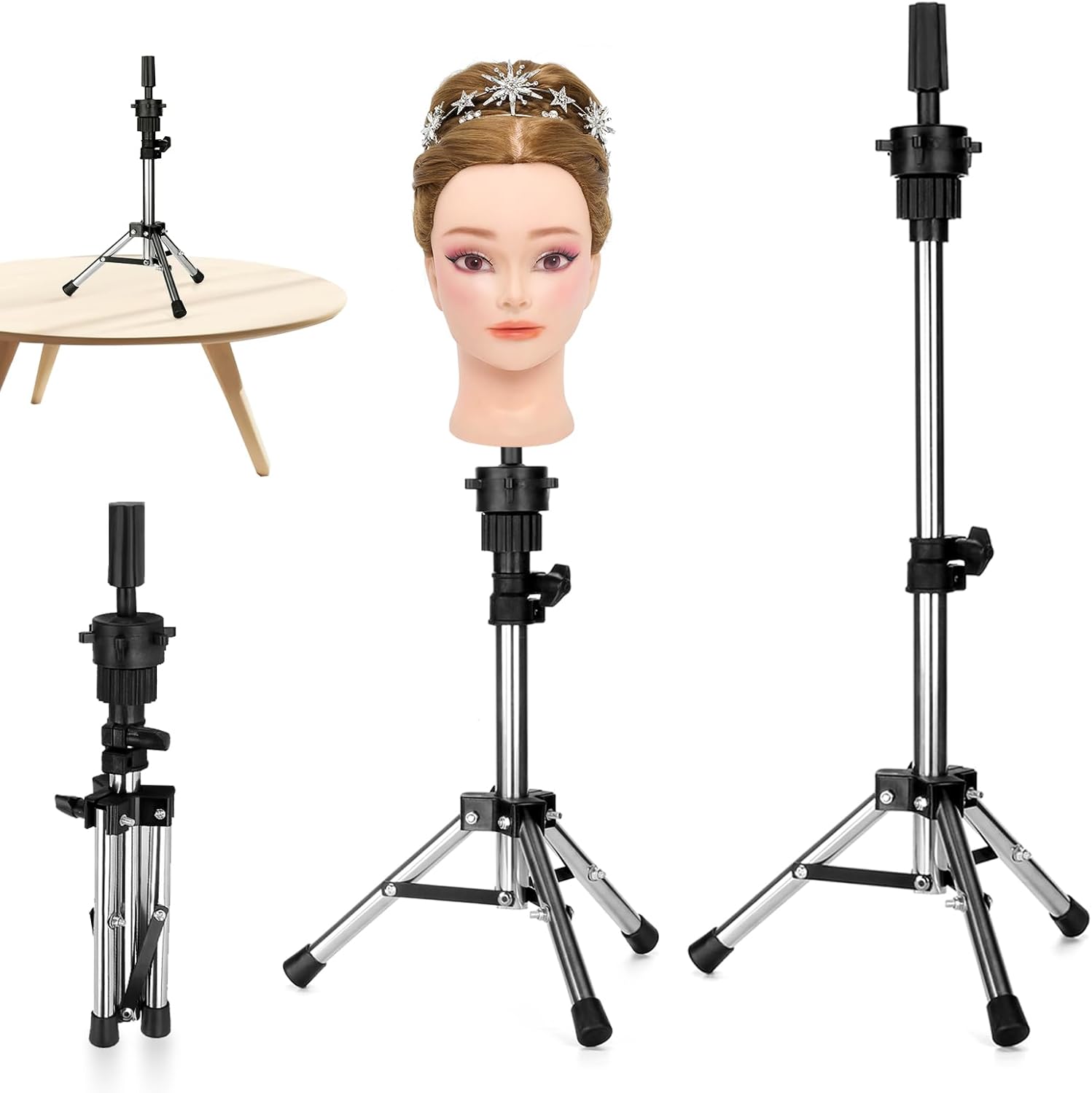 Neverland Beauty Mini soporte maniqui de peluqueria Trípode Cabeza de trípode con pata gruesa, soporte de peluqueria Soporte de trípode Aluminio Sostenedor Soporte Trípode 14.37-22.44 pulgadas