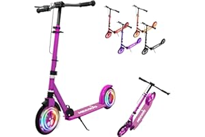 MEE GOO Foldable Kick Scooter for Kids & Teens with Shock Absorption, Adjustable Handlebar Height, LED Light, Dual Brakes (Hand + Rear), 8" Wheels, Non-Slip Deck, Up to 100kg（220lbs）