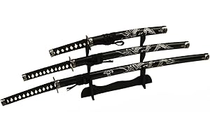 DerShogun Samuraischwert Set mit eingeschnitztem Drache Katana Wakizashi Tanto mit Schwertständer