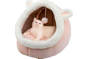 Dtopsun Cat Beds for Indoor with Anti-Slip Bottom, Rabbit-Shaped Small Dog Cave with Hanging toy, Kitten Tent House Removable Cotton Pad, Super Soft Calming Pet Sofa Mats for Puppy and Kitty