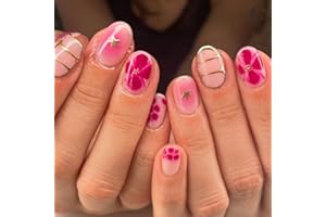 MouyouGlow Press on Nails krótkie, okrągłe, różowe kwiaty, kwiaty, kwiaty, paski, sztuczne paznokcie, różowe kwiaty, gwiazdki, sztuczne paznokcie