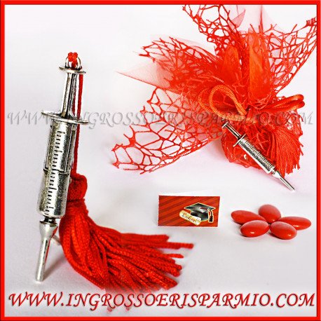 Ingrosso e Risparmio Metal Plates Silver Syringe Shaped Fitted with eyelet with Red Tassel – Party Favours, Graduation Pendant kit 24 pz. tiffany in scatola