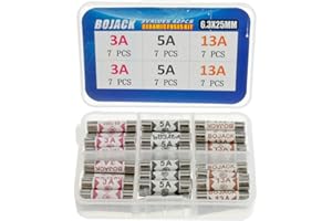 BOJACK 3 Values 42 pcs 3 5 13 A amp 240 V Volt Household Mains Plug Fuse 6.3x25 mm 0.25x1Inch BS1362 Ceramic Tube Cartridge Fuses Assortment Kit packag in a Clear Plastic Box