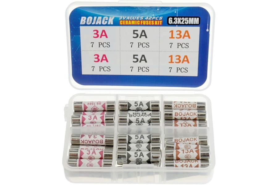 BOJACK 3 Values 42 pcs 3 5 13 A amp 240 V Volt Household Mains Plug Fuse 6.3x25 mm 0.25x1Inch BS1362 Ceramic Tube Cartridge Fuses Assortment Kit packag in a Clear Plastic Box