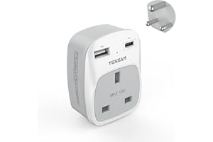 UK to India Plug Adapter, TESSAN Grounded Type D Travel Adapter with 2 USB Ports (1 USB C), India Travel Adapter for UK to Sri Lanka, Pakistan, Burma, Maldives, Iraq, Namibia, Nepal, Yemen, Zambia