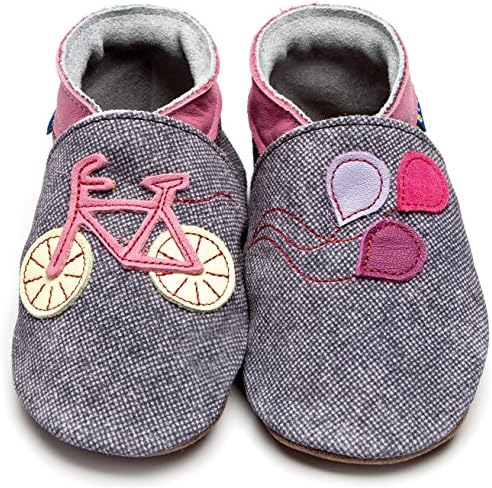 Inch Blue Girls Boys Luxury Leather Soft Sole Pram Shoes - Bike Denim/Rose Pink - Medium - Clear Bag