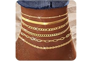FIOROYAL 6 x Anklets for Women, 14 K Gold/Silver Plated, Waterproof, Hypoallergenic, Adjustable Anklets for Women, Set of 6, Trendy, Dainty, Beach, Layered, Stackable Foot Jewellery