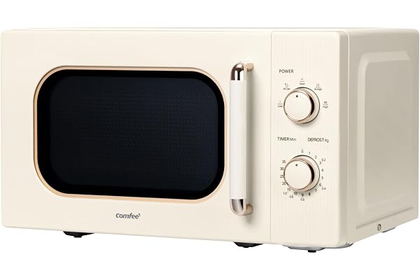 COMFEE ' CMO-M202NC(CM) Elegant retro vintage mikrovågsugn med 5 effektnivåer, 700 W, 20 l, justerbar timer, 0–35 min, enkla kontroller, inomhusbelysning, aprikoskräm