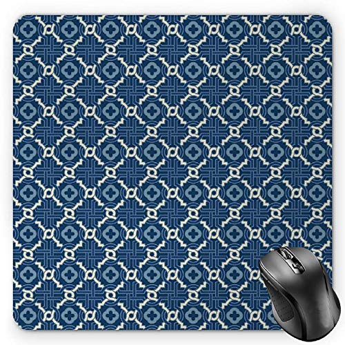 Preisvergleich Produktbild BGLKCS Quatrefoil Mauspads,Ethnic Arabian Tessellation Theme Entwined Curved Motifs of Marrakesh Tile Art,Standard Size Rectangle Non-Slip Rubber Mousepad,Blue White