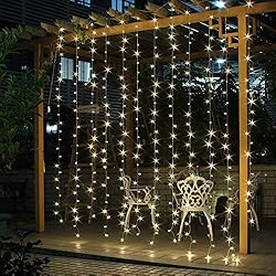 SALCAR Cortina con Cadena de Luces led, 3x3 m, impermeabilidad IP44, Estrellas led en Cadena de luz, Cortina de Luces para Navidad, Decorar Fiestas, Interiores, 8 programas de luz (Blanco cálido)