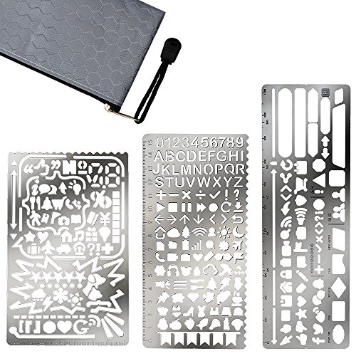 GIMARS 3 Stück Edelstahl Schablone Malen Multifunktionale Zeichnung Lineal - Zusatz mit einer tragbaren Reißverschlusstasche - Set ideal für Bullet Journal, Scrapbooking, Karten und Craft Projekte