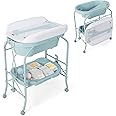 COSTWAY 4 in 1 Baby Changing Table, Folding Infant Nursery Station with Bath Tub, 4 Universal Wheels, PVC Pad and Storage Tray, Portable Newborn Massage Tables Diaper Organizer (Blue)