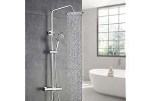 AILRINNI Colonne de Douche - Réglable en Hauteur Mitigeur Douche 38℃ Thermostatique, Ensemble Douche Murale Douchette avec Pommeau de Douche et 10 pouces Douche à Pluie, Mitigeur Douche Set