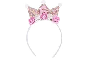 LEMLIN Corona de cumpleaños de 6 años, corona de 6 años, niña con flores de rosa, diadema de cumpleaños con números brillantes, para regalo de decoración de fiesta de cumpleaños