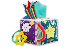 Vamotto Baby Tissue Box Toy for Baby, Montessori Sensory Pull Toy with 12 Durable Cloth Scarves & Crinkle Paper for 6-12 Months Infants, Early Learning Educational Motor Skills Development Gift