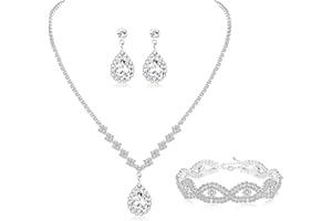 TOEECY Brautschmuck Set Damen Silber Strass Kristall Schmuck Set Hochzeitsschmuck Braut Anhänger Halskette Tropfen Ohrringe Strass Armband Set