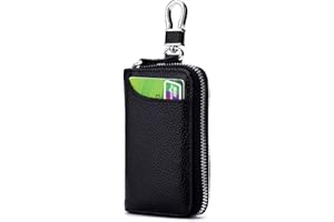 Aileder Genuine Leather Car Keychain Key Holder Case Bag Wallet Cover with Zipper Credit Card Holder (Black)