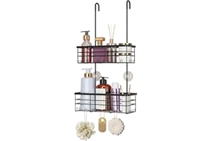 HapiRm Hanging Shower Caddy Organiser - 2 Tier Over Door Shower Caddy with Hooks, No Drilling Shower Organiser with Portable Pole, Rustproof 304 Stainless Steel Bathroom Hanging Storage- Black