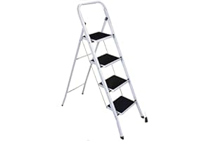 BARGAINS-GALORE Foldable 4 Step Steel Ladder - Non Slip Tread Stepladder Safety Kitchen, Home, Industrial DIY | Steel Construction Strong & Durable, Long Lasting, Fold Space Saving