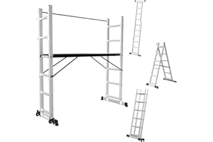 Fiqops Échafaudage 4 en 1 en aluminium - Charge maximale : 276 cm - Charge maximale : 150 kg - Échafaudage polyvalent - Plateforme de travail mobile et 2 roulettes - Échelle à roulettes - 2 x 6