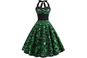 ARESTORY Womens St Patricks Day Fancy Dress GreenClover Shamrock Dress Irish Lady Luscious Leprechaun Costume Casual Evening Party Prom Swing Dress Vintage Dresses Rockabilly Halter Skirt 41 Colors Gift
