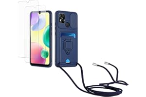 Kaslly Funda con Cuerda para Redmi 9C/9A/Xiaomi Poco C3+[2 Pack Protector Pantalla],Case con Ranura para Tarjetas,Cubierta de Cámara Deslizante Proteger,Doble Cara Protección-Azul Marino