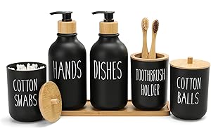 FEILANDUO Bathroom Accessories Set, 6 Pcs Plastic Bathroom Accessory Sets with Vanity Tray, Soap Dispenser, Toothbrush Holder Set,Qtip & Cotton Ball Holder with Bamboo Lids,Boho,Modern Bathroom Decor