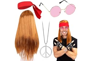CAPANEUS Parrucca Hippie,Accessori Costume Hippie Uomo retrò con Occhiali da Sole,Fascia per Capelli,Collana con Segno di Pace,Anni '60'70'80 per Carnevale Feste a Tema Halloween,Carnevale Bionda