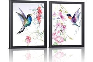 KAIRNE 2er-Set mit Rahmen Vogel-Kunstdruck, abstrakter Aquarell-Stil, Vögel-Kunstposter, Aquarell-Kolibri- und Blumen-Wanddrucke für Wohnzimmer, Heimdekoration, schwarzer Rahmen (20.3x25.4 cm)