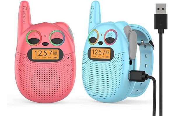 QNIGLO Q136 Talkie Walkie Enfants Cadeaux, Radio FM Portée 2-5km LED Yeux Clignotants Bracelet de Montre Portable,Cyclisme,Camping, Aventure en Plein air,Jouet Fille de 3 4 5 6 7-12 Ans(RougeBleu)