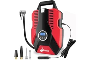 Foseal Car Tyre Pump, 12V Digital Tyre Inflator Air Compressor with 3 Nozzle Adaptors and LED Light, Portable Electric Pump Auto Shut Off, for Bikes, Motorcycles, Basketballs