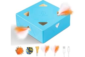 Migipaws 3 en 1 Jouet pour Chat, électrique interactif 7 Trous MigiBox, Secret de préhension sous la Peau émergente,Jouet pour Chaton Qui s'ennuient, Rechargeable, 4pcs Accessoires-Bleu