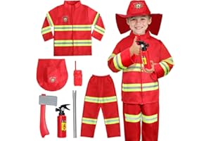 LOYO Kids Role Play Halloween Costumes, Red Fireman Costume with Firefighter Outfit Toys Accessories for 3 to 6 Year Old Children